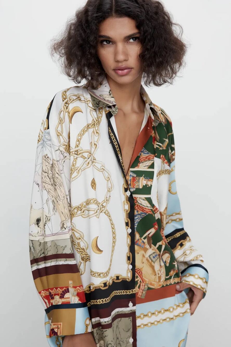 Zara Oversized Printed Shirt Blogger Favorite Size S Button Front Long Sleeve